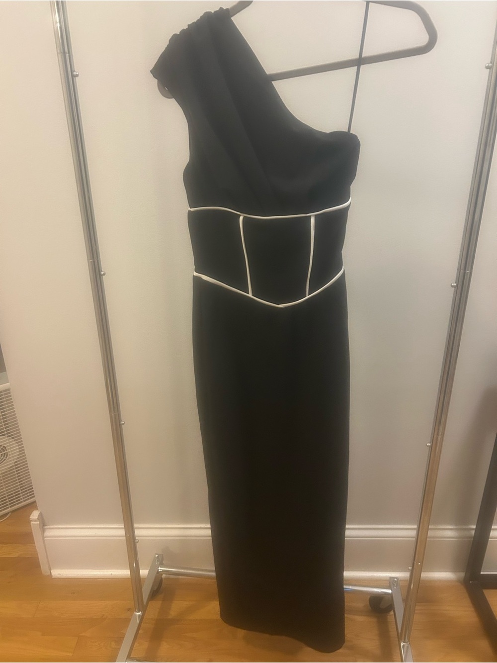 One-Shoulder Black Evening Gown with White Contrast Piping